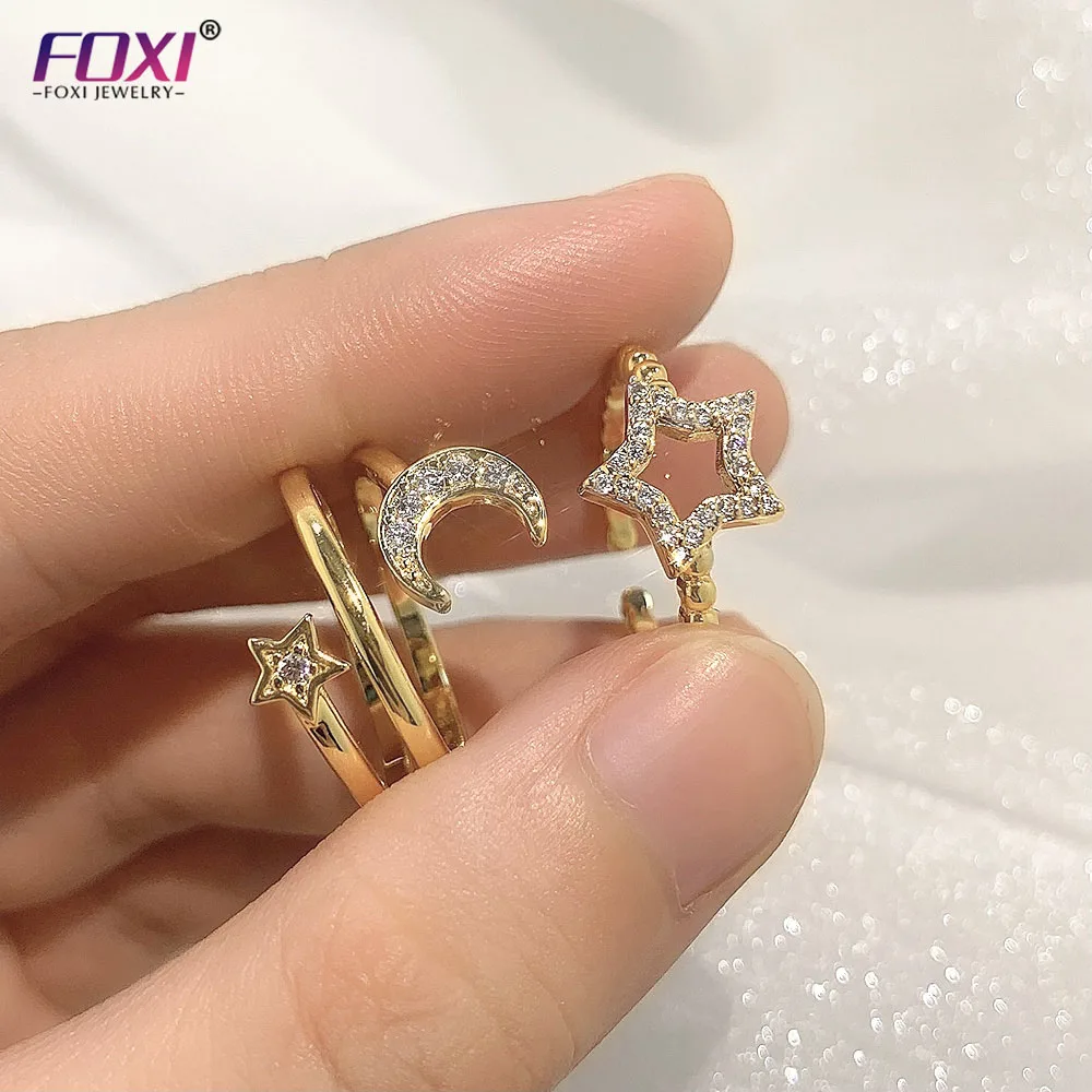 

foxi jewelry Unique Style Open Ring Star with moon Silver Ring For Girls