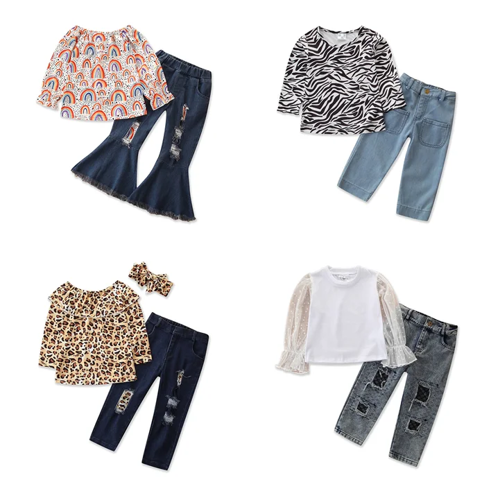 

Spring Summer 2021 long sleeve rainbow leopard printed Net top bell bottom jeans denim pants children clothes for girls, As pic shows, we can according to your request also