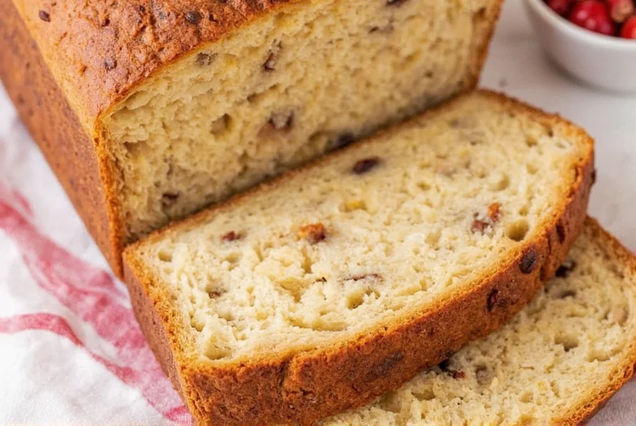 Perfectly baked cinnamon raisin bread loaf with visible swirls and plump raisins, sliced to show texture, on wooden cutting board