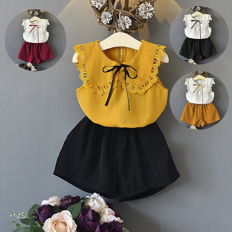 

Girls Clothes Set 2021 Summer Kids Suit Sleeveless Doll Collar Top Chiffon Pants 2Pcs Outfit Casual Children Clothing