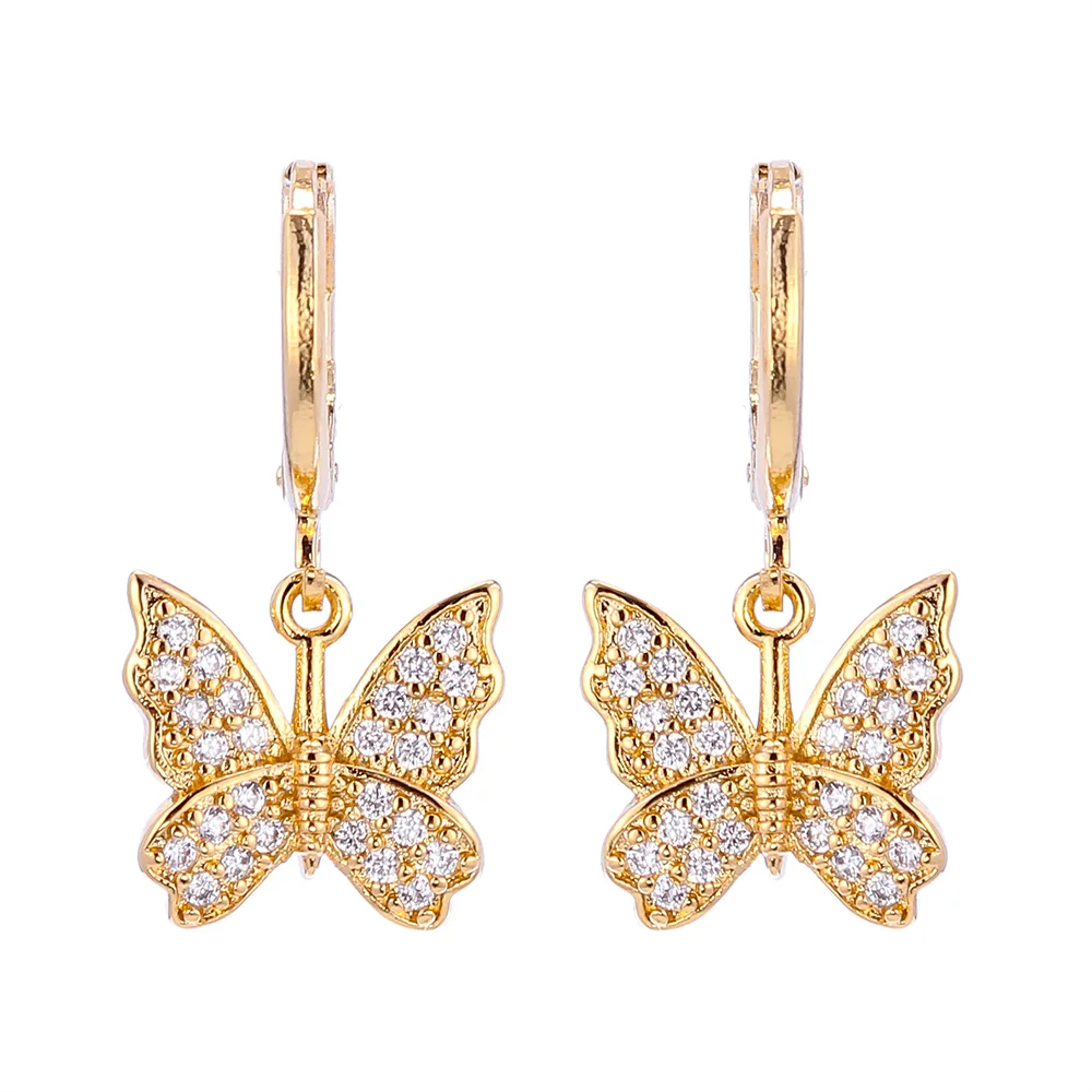 

2020 fashion jewelry gold plated cubic zirconia brass eardrop butterfly earrings