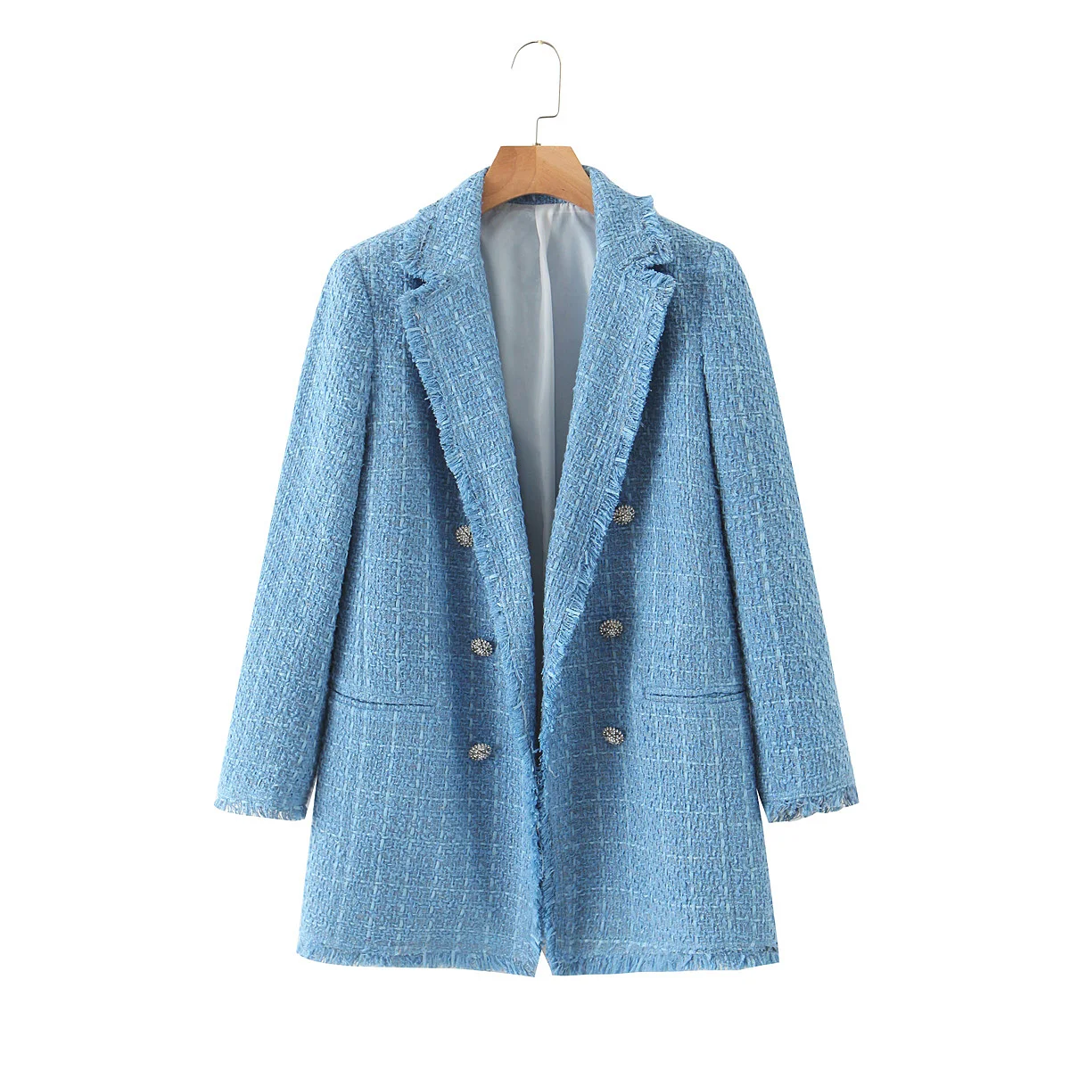 

latest new design notched collar blue color tweed jacket trench style fall coat