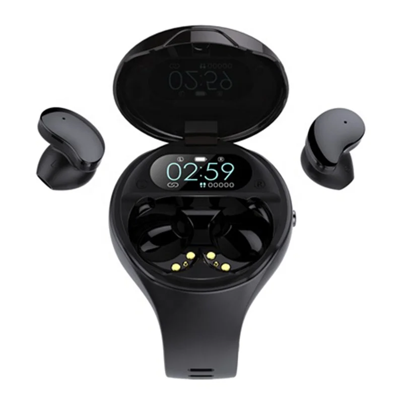 

New waterproof W01 phone calling Blood oxygen monitor two in one smart watch invisible wireless pod tws earbuds, Black