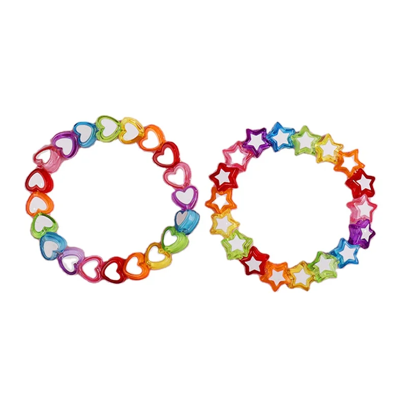 

Fashion Rainbow Colorful Children Jewelry Cute Star Heart Acrylic Beads Elastic Bracelets For Kids Gifts, Multi color