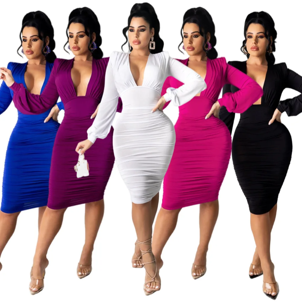 

HN016 The latest design of 2021 autumn and winter is a sexy dress with a solid color hierarchy effect
