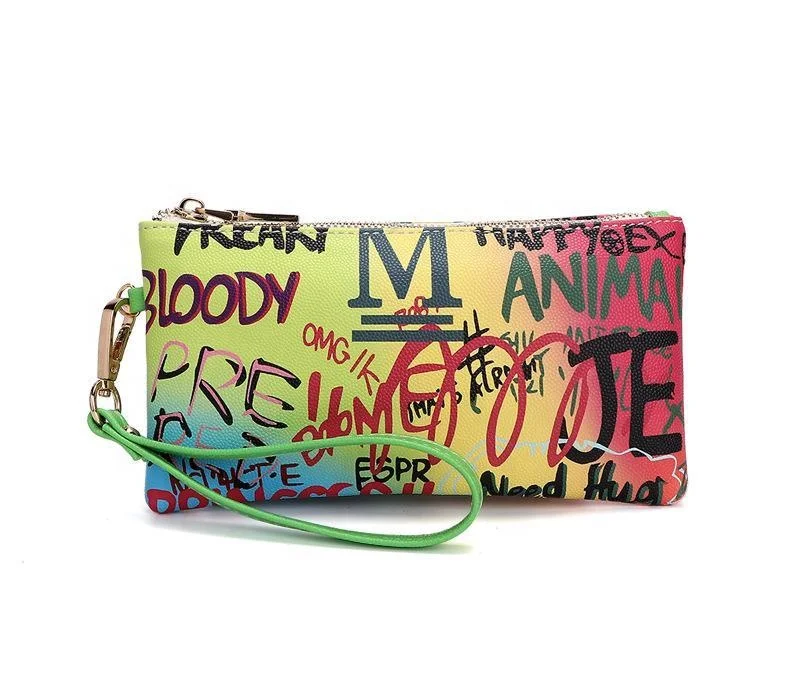 

2022 Fasion Design Brand Luxury Rainbow Graffiti Color Clutch Portefeuille Summer Hot Wrist Cell Phone Pouch Purse Women Wallet, 2 colors