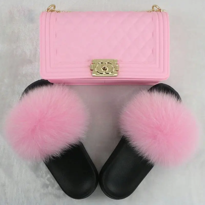 

2020 Trendy Faux Fur Slides Slippers Colorful Sandals and Matte Jelly Bag Purse Handbag Sets for Women