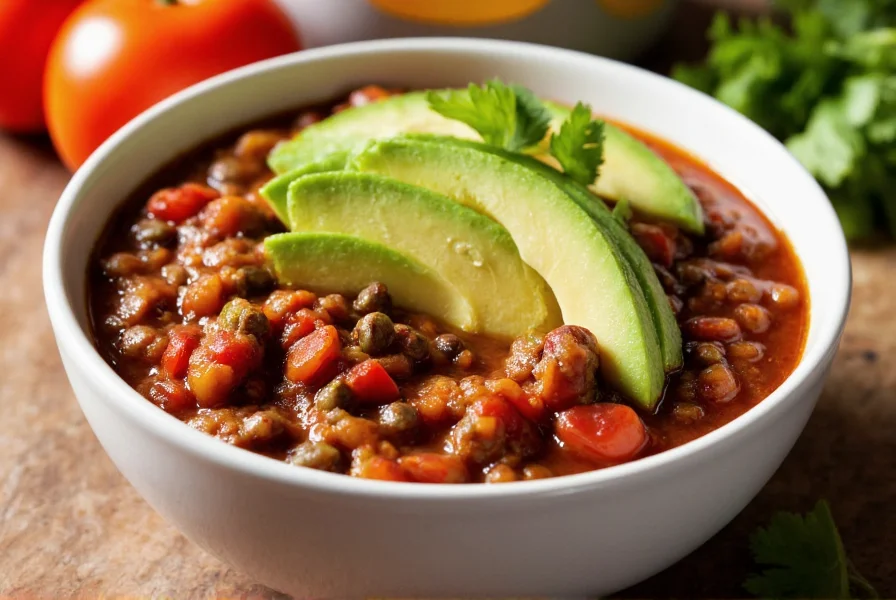 Hearty bowl of lentil chili with avocado slices and cilantro garnish on wooden table