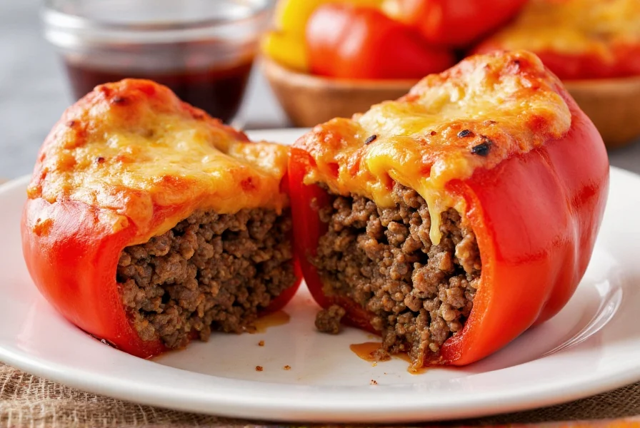 Baked stuffed red peppers with ground beef showing cross-section of pepper with layered filling and melted cheese topping