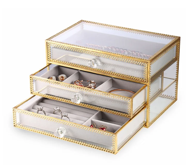 

2020 Women Jewelry Box Drawer Gold Metal Packaging Storage Organizer Luxury Glass Acrylic Gift Bracelet Necklace Jewellery Box
