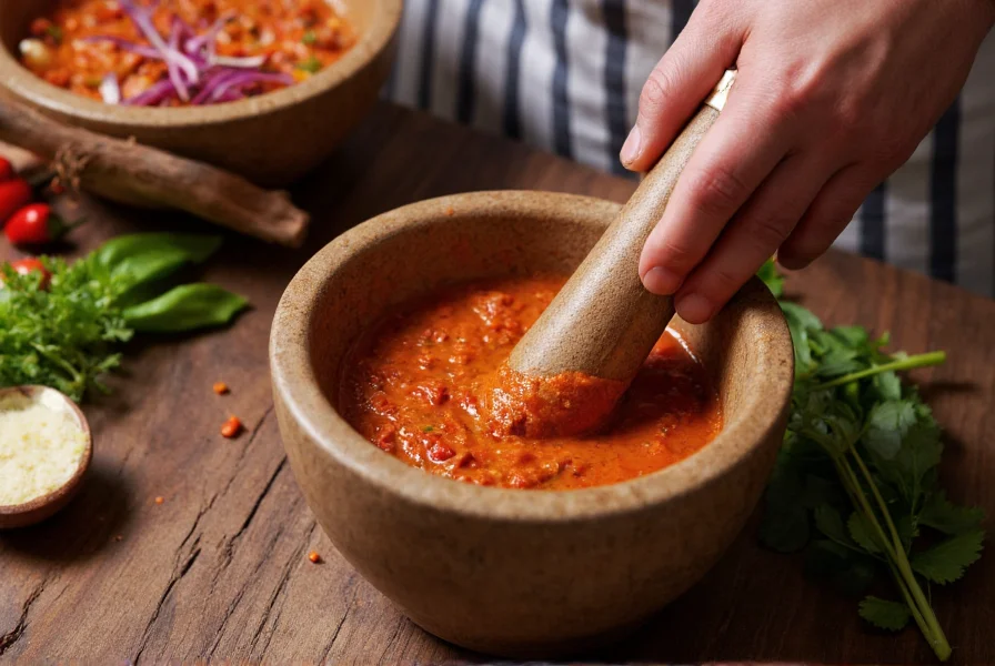 Thai chef preparing curry paste with mortar and pestle containing fresh Thai chilies