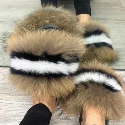 

Custom logo indoor eva sole racoon furry fur slides sandal colorful 100% fluffy fox raccoon fur slippers for women, Customized color