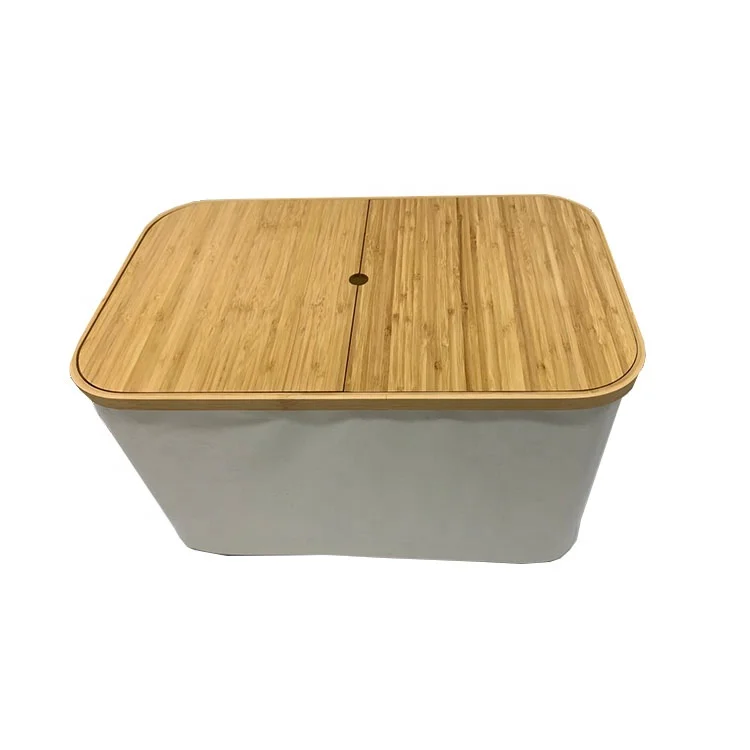

Waterproof Fabric Oxford Cloth Wooden Dirty Laundry Basket Bamboo Lid Double Laundry Hampers