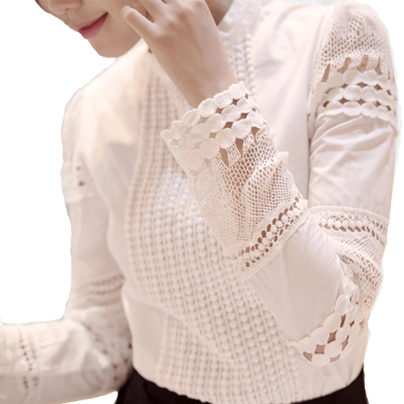 

New Arrival Women Blouses Tops Shirt Long-sleeve White Lace Hook Flower Hollow Plus Size Ladies Elegant Blouses