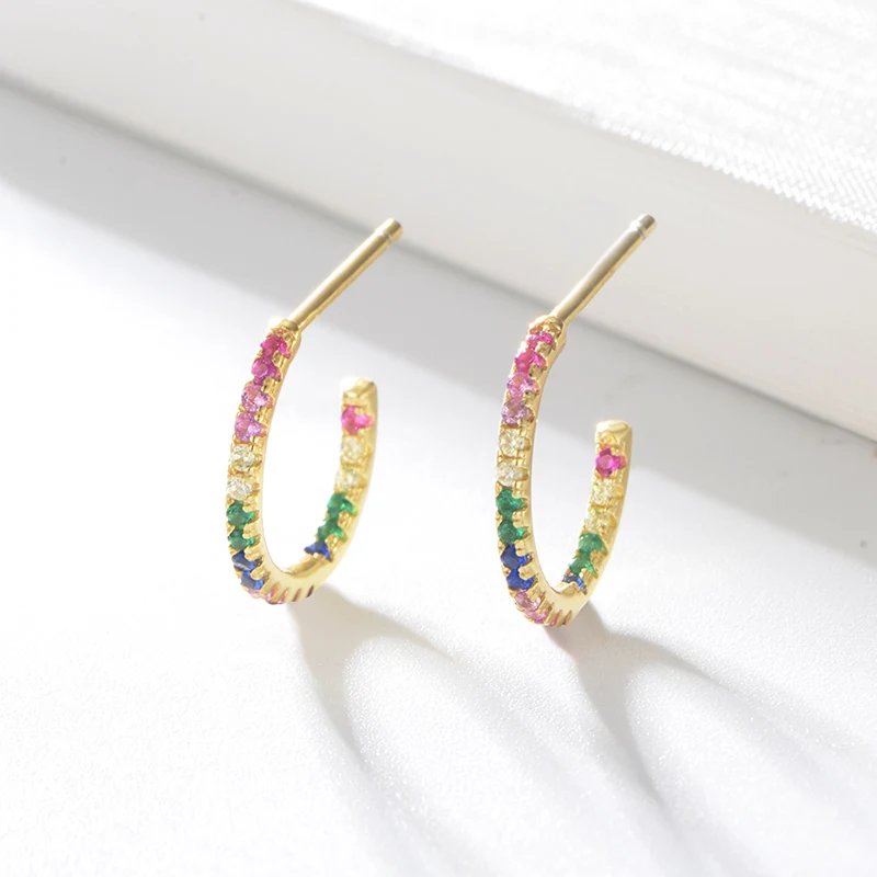 

RINNTIN EQE38 925 Sterling Silver Earring 18K Gold Plated Rainbow Multi Color Zircon C Shaped Cuff Hoop Earrings