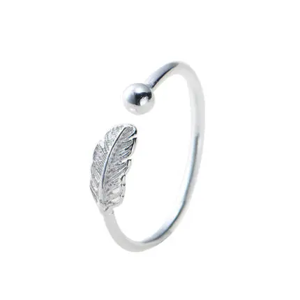 Factory Wholesale Hot Sale Silver feather Ring For Women Original Fine Jewelry Gift Open Adjustable Finger Ring