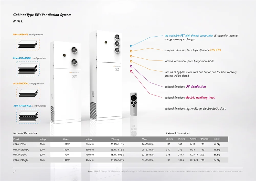 MIA ventilation HRV/ERV ductless ventilation system MIA-AHE600JDL