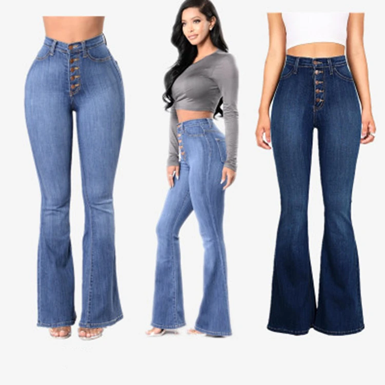 

2021 New Design Women Denim Pant High Waist Solid Color Bell Bottom Jeans, Customized color