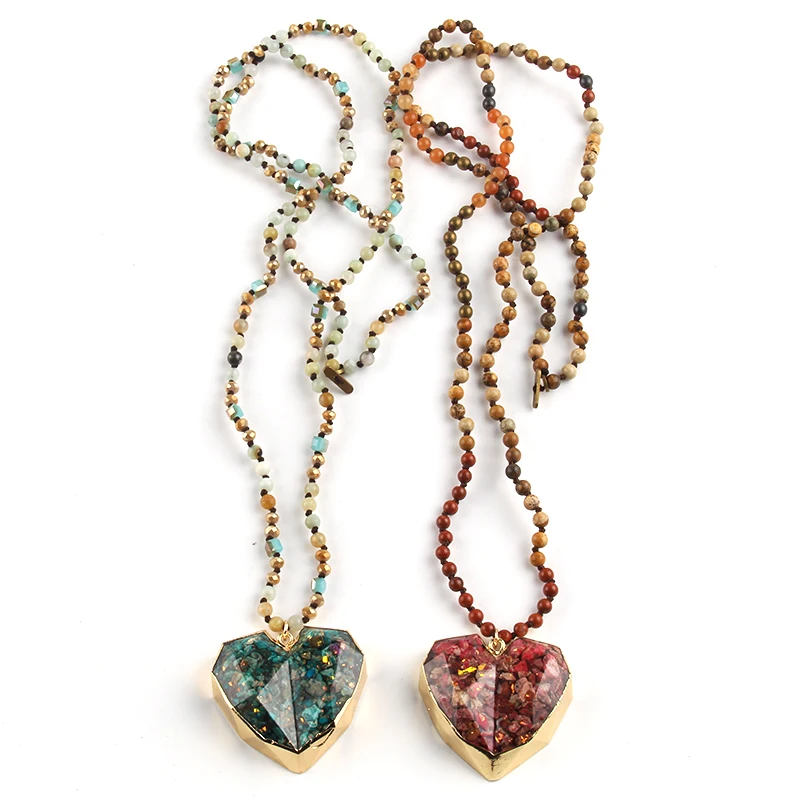 

New Arrival Fashion Bohemian Jewelry Alloy Golden Plated Unique 4mm Beads Knotted Heart Pendant Necklaces