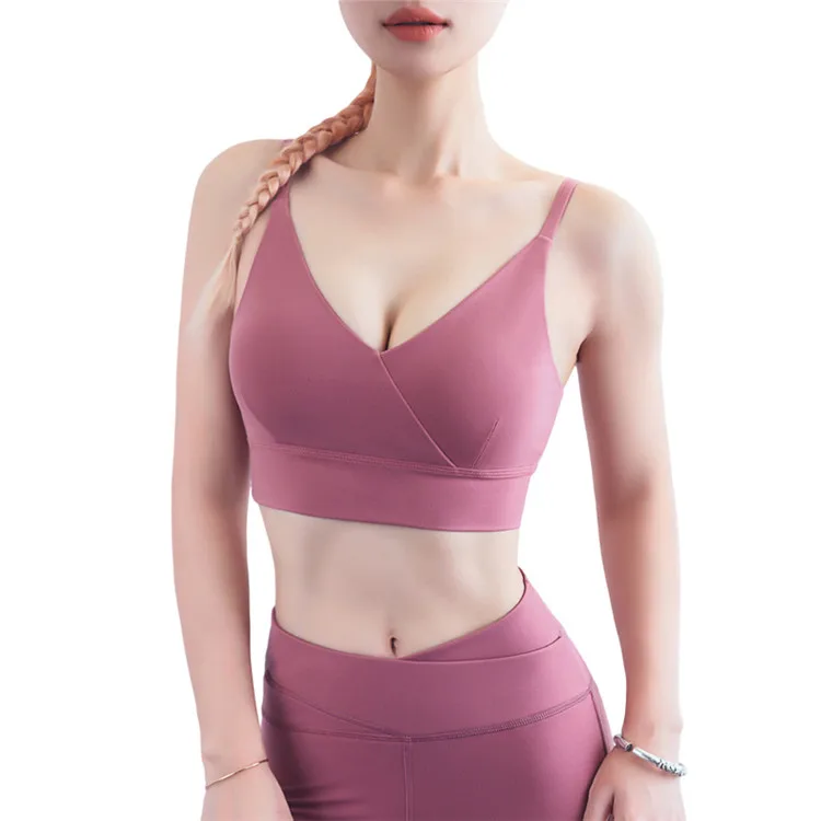 

New suspender style deep V gathering sports vest double side nylon nude feeling beauty back Yoga bra sport hot