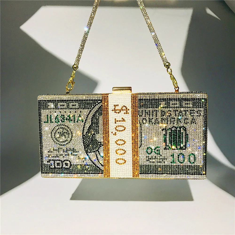 

Luxury $100 Dollars Rhinestone Crystal Money Bag Clutch Evening Bag Purse Crystals Bling Money Bag Rhinestone Money Purse Woman