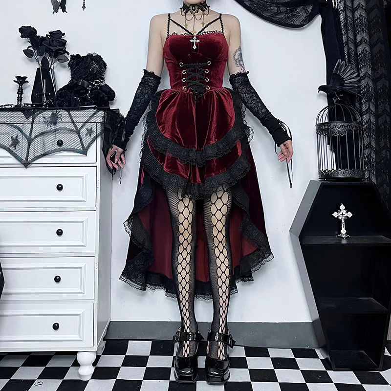 Grunge Gothic Women Dress Lace Trim High Waist Bodycon Mini Dress 2026 New E-girl Vintage Punk Harajuku Lolita Party Clothes