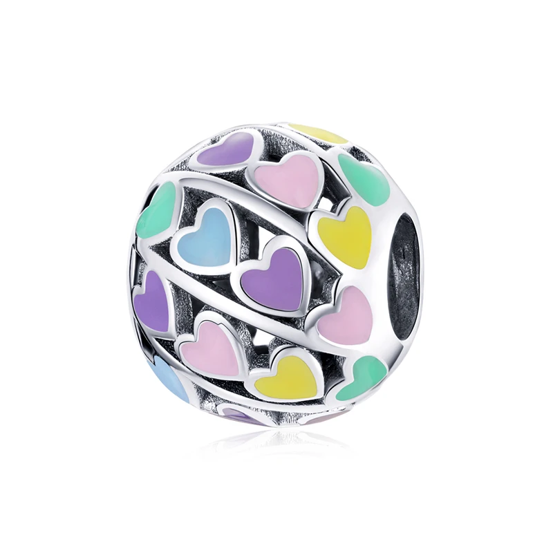 

SCC1758 Colorful heart round bead silver 925 jewelry charms