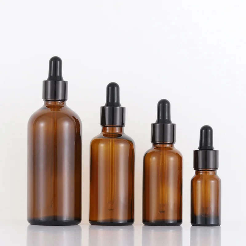 

10ml/30ml/50ml/100ml amber essential oil cosmetic packing dropper skin care glass bottle with black cap