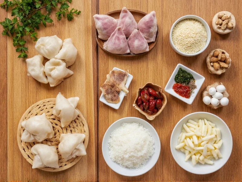 Homemade dumpling ingredients on wooden table