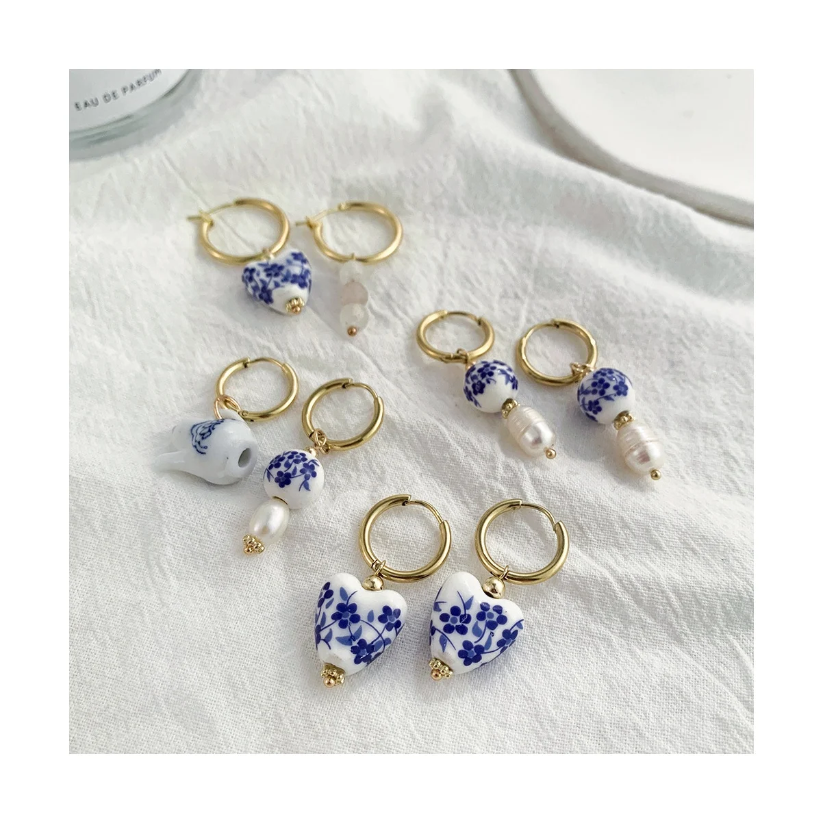 

Hanpai vintage Chinese style blue and white porcelain drop oil earring heart hoop earrings ceramic earrings