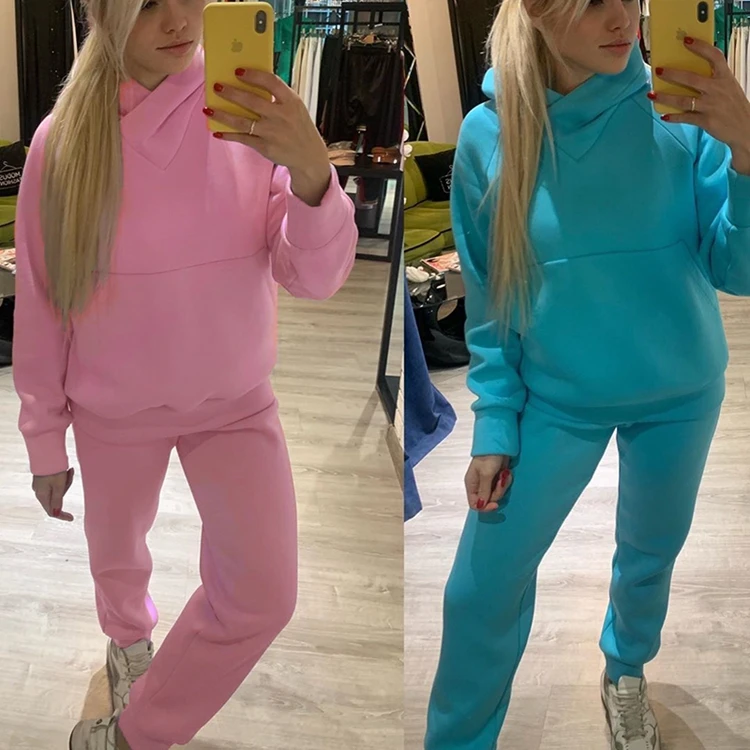 

Pure color 2 piece long-sleeve hoodie sweater womens casual pants two piece set