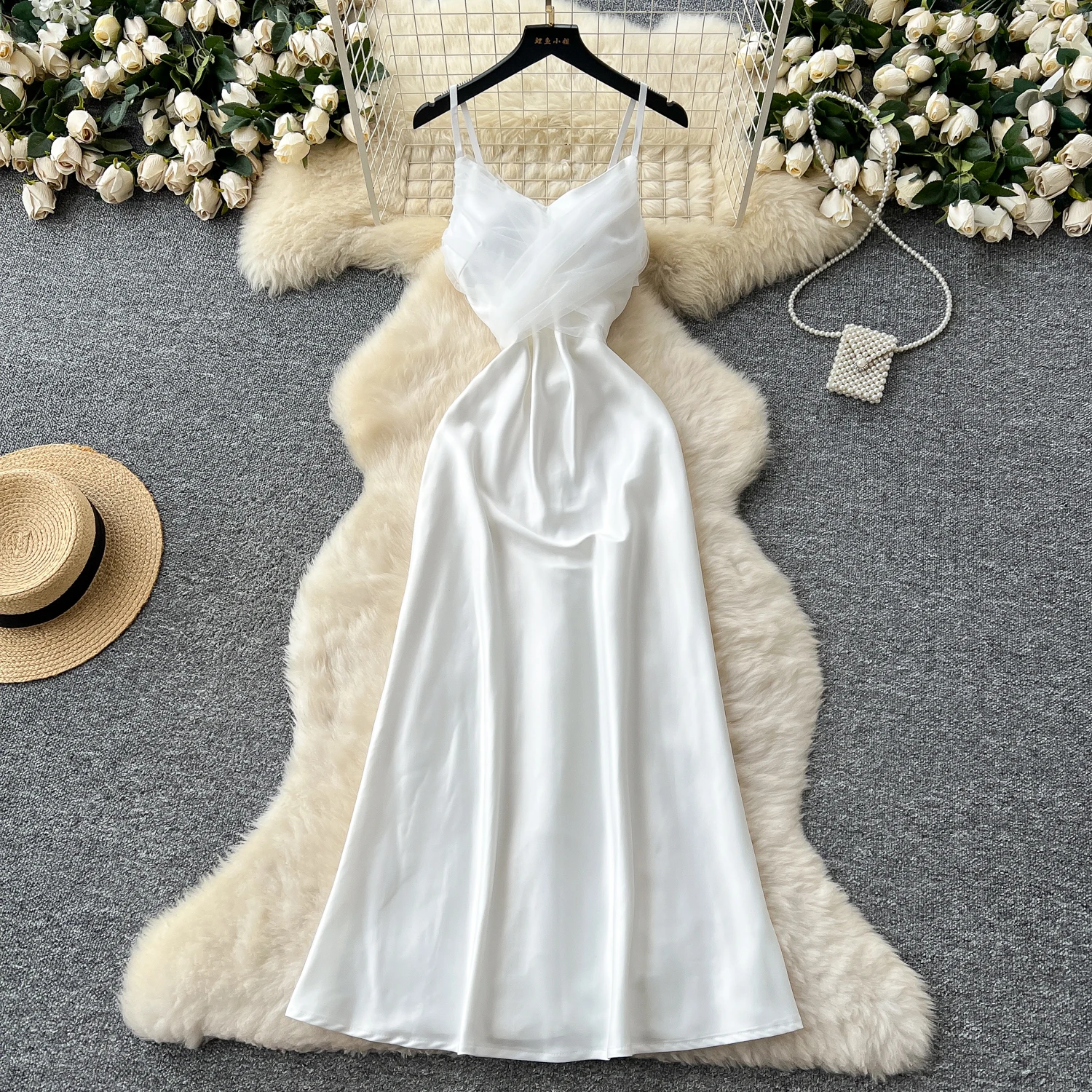 Elegant Tie Front Strap Satin Evening Gown