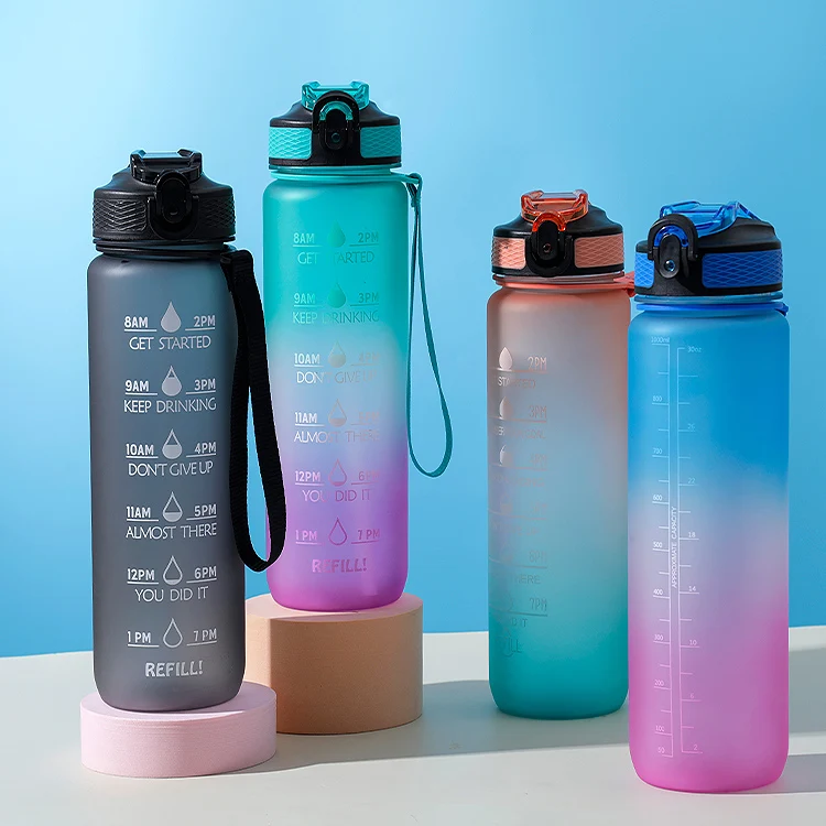 

1000ml 32 oz Tritan Wide Mouth Sports Bottle Bpa Free Cheap Plastic Water Bottles with Time Marker and Rope, Gradient colors