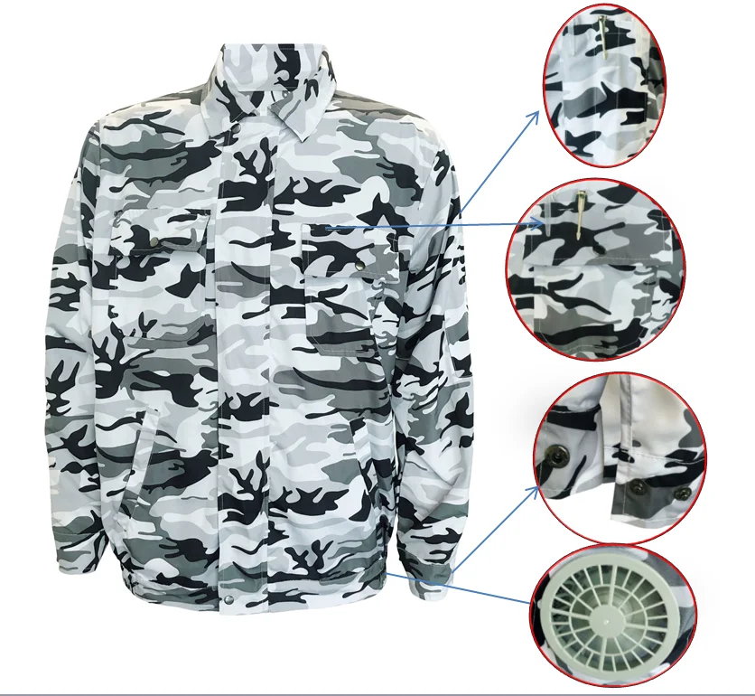 

Battery Powered Cooling Fan Jacket High Quality 5V Camouflage 100% Polyester Shell Regular Clothing Length Gray, Red Accept OEM