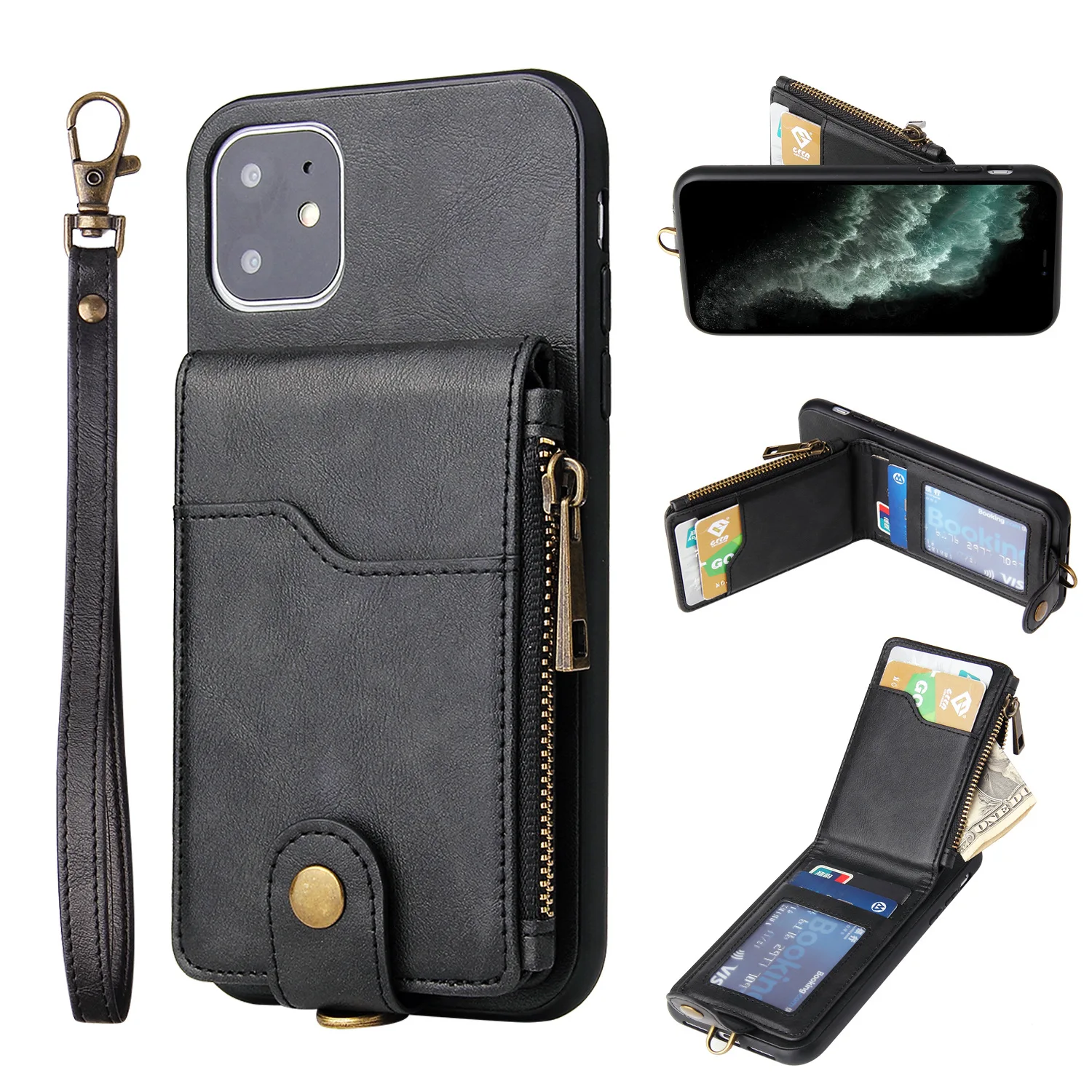 

Wallet Case Compatible iPhone 12 Leather RFID Blocking Credit Card Holder Kickstand Zipper Back Flip Protection Cover