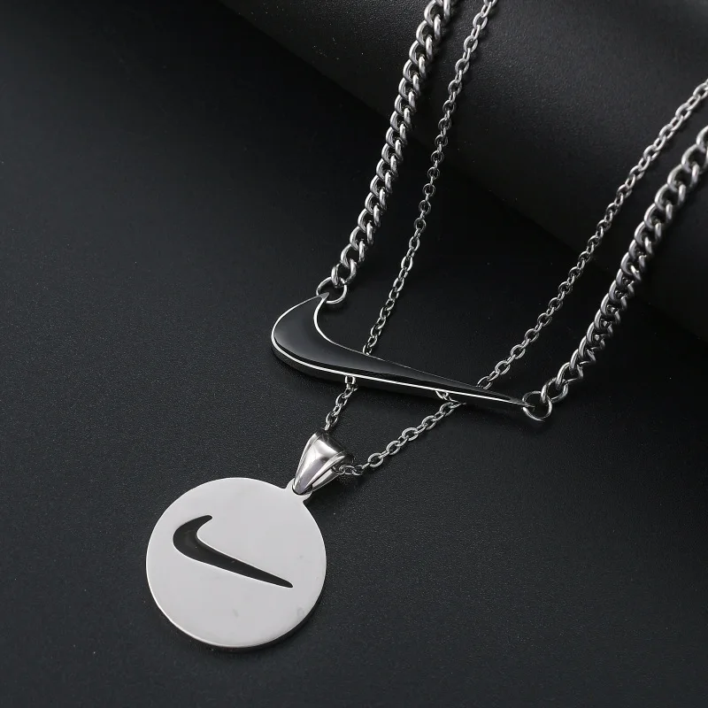 

Fashion Mens Double Layered Black Enamel Custom Swoosh Tick Logo Pendant Stainless Steel Vintage Check Tick Jewelry Necklace, Silver , gold plated, rose gold
