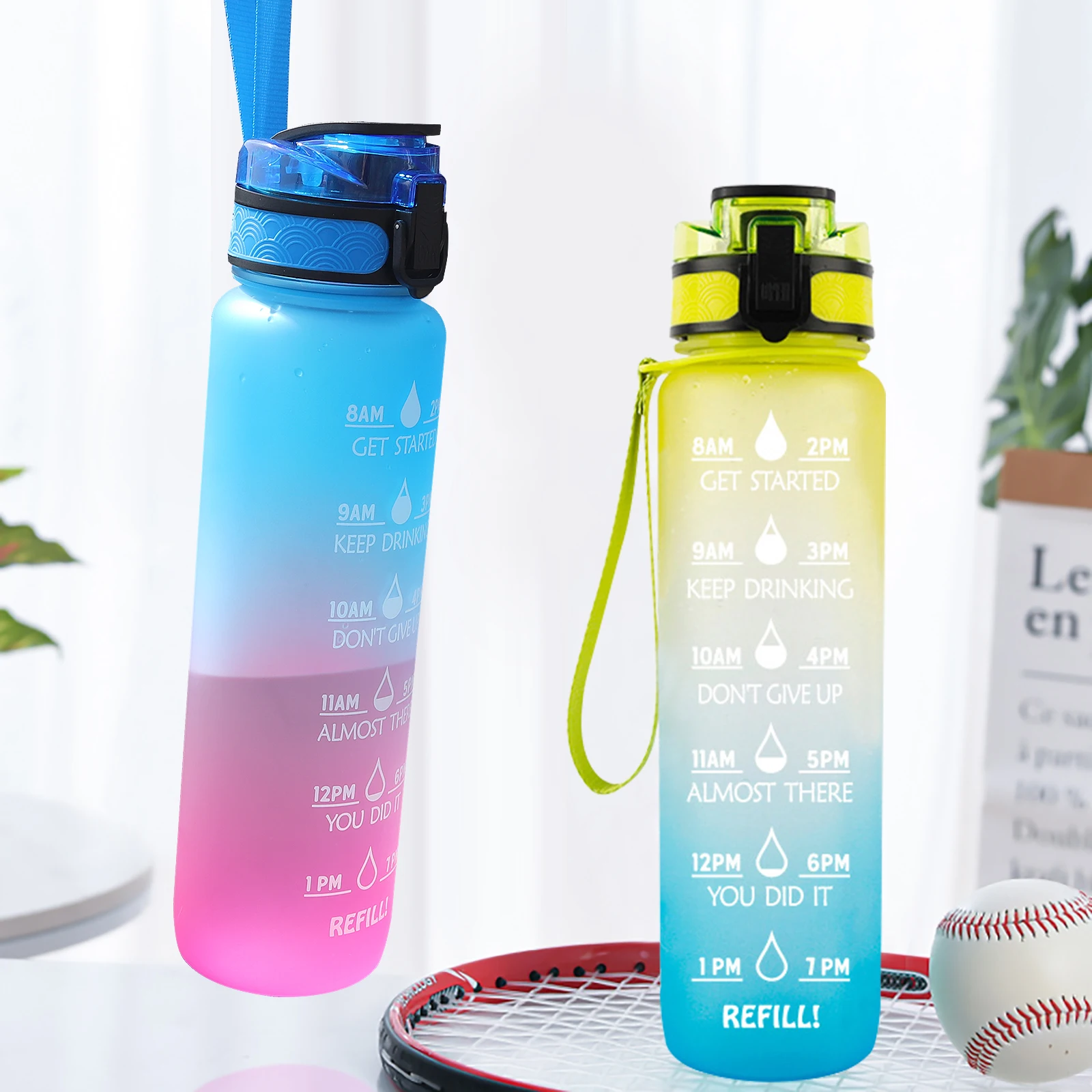 

32oz Water Bottle with Motivational Time Marker & Removable Strainer Fast Flow BPA Free for Fitness, Gym and Outdoor Sports, Blue grey orange green