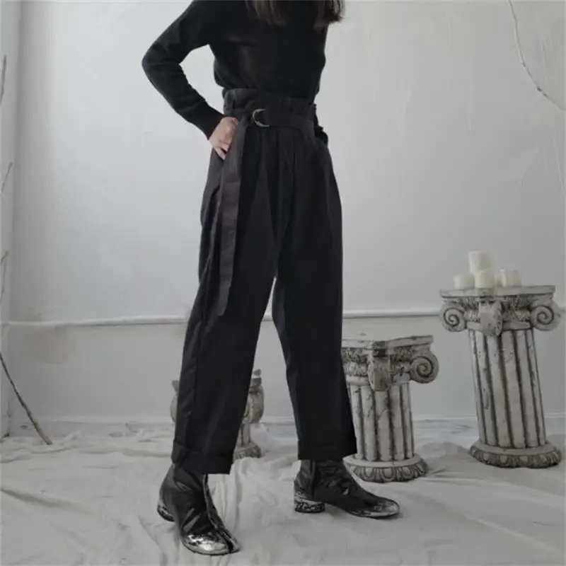 

Yamamoto style casual pants dark niche designer retro high waisted pleats slim women's small trousers