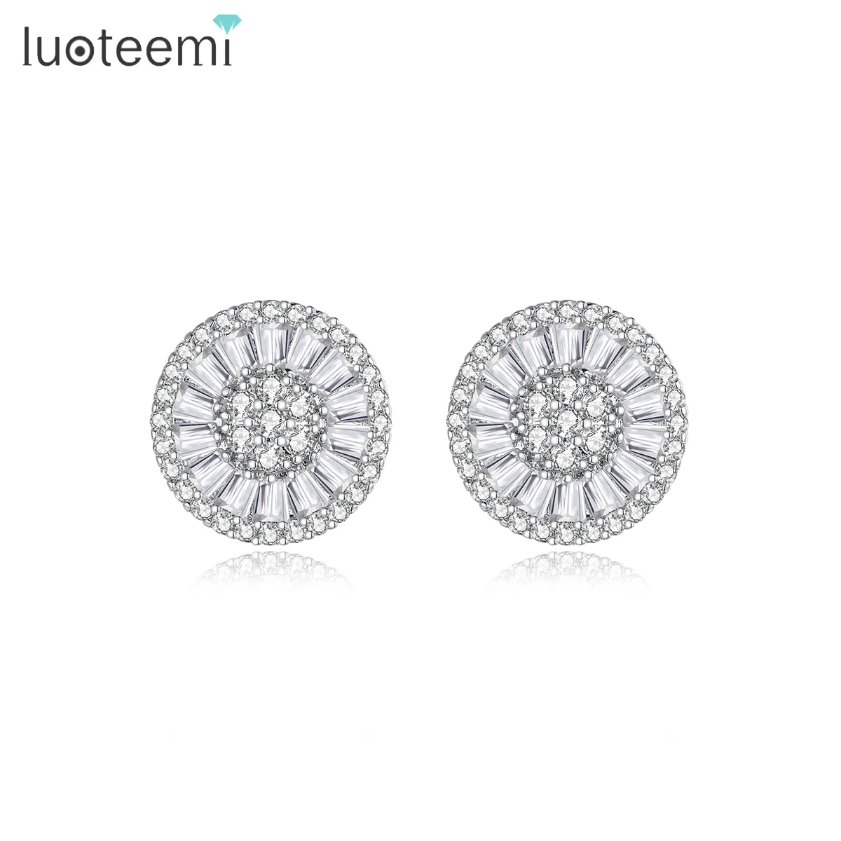 

LUOTEEMI Wholesale Brand New Design Pure Clear Cubic Zircon Micro Pave Women Luxury Wedding Bridal Round Stud Earrings