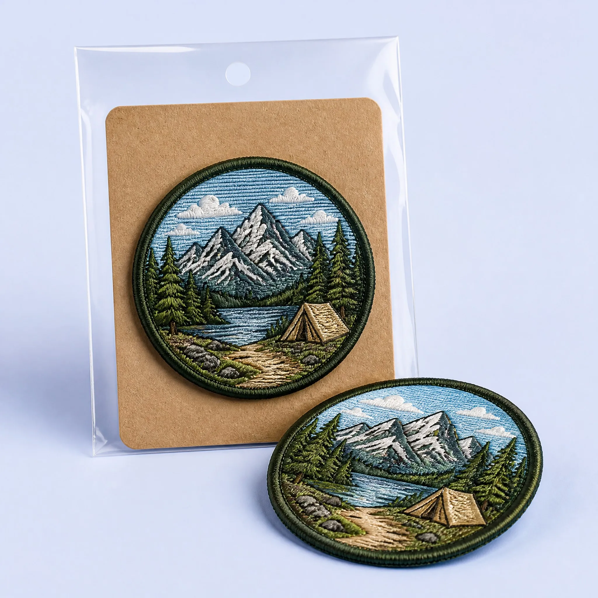 Retail Packaging Presentation of Circular Mountain Campfire Patch Sealed in Clear Poly Pouch with Kraft Backing Card