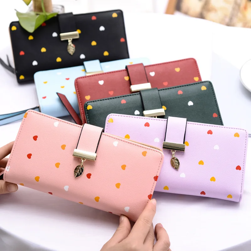 

Fashion Women Wallet Leather Long Candy Zipper Heart Gold Leaf Chain Designer Wallet Women 2019 Quality Female Purse Card Holder, Customize