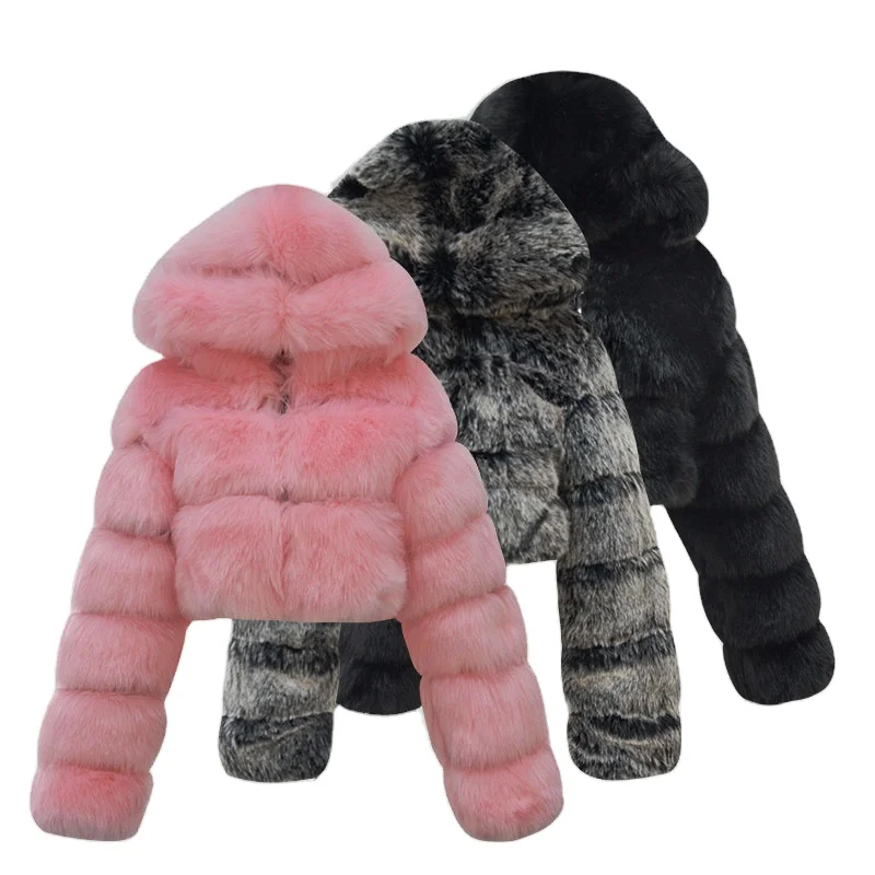 

Wholesaler Hooded Zipper Faux Fur coat Customize Jacket Women Winter Cropped Coat, Customized color