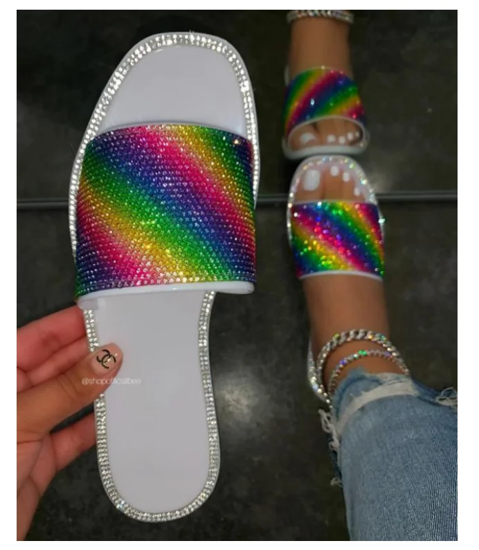 

Wholesale Summer Fashion Flat Soft Bottom Plus Size Candy Color Rhinestone Slippers For Women
