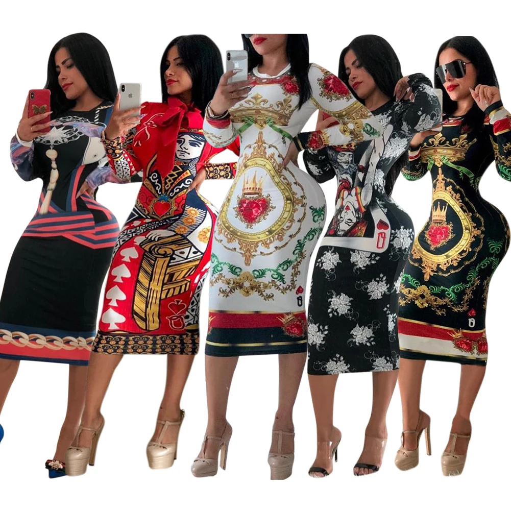 Competitive Price Casual Women Poker Face Printed Cheongsam Ladies Silk  Dress