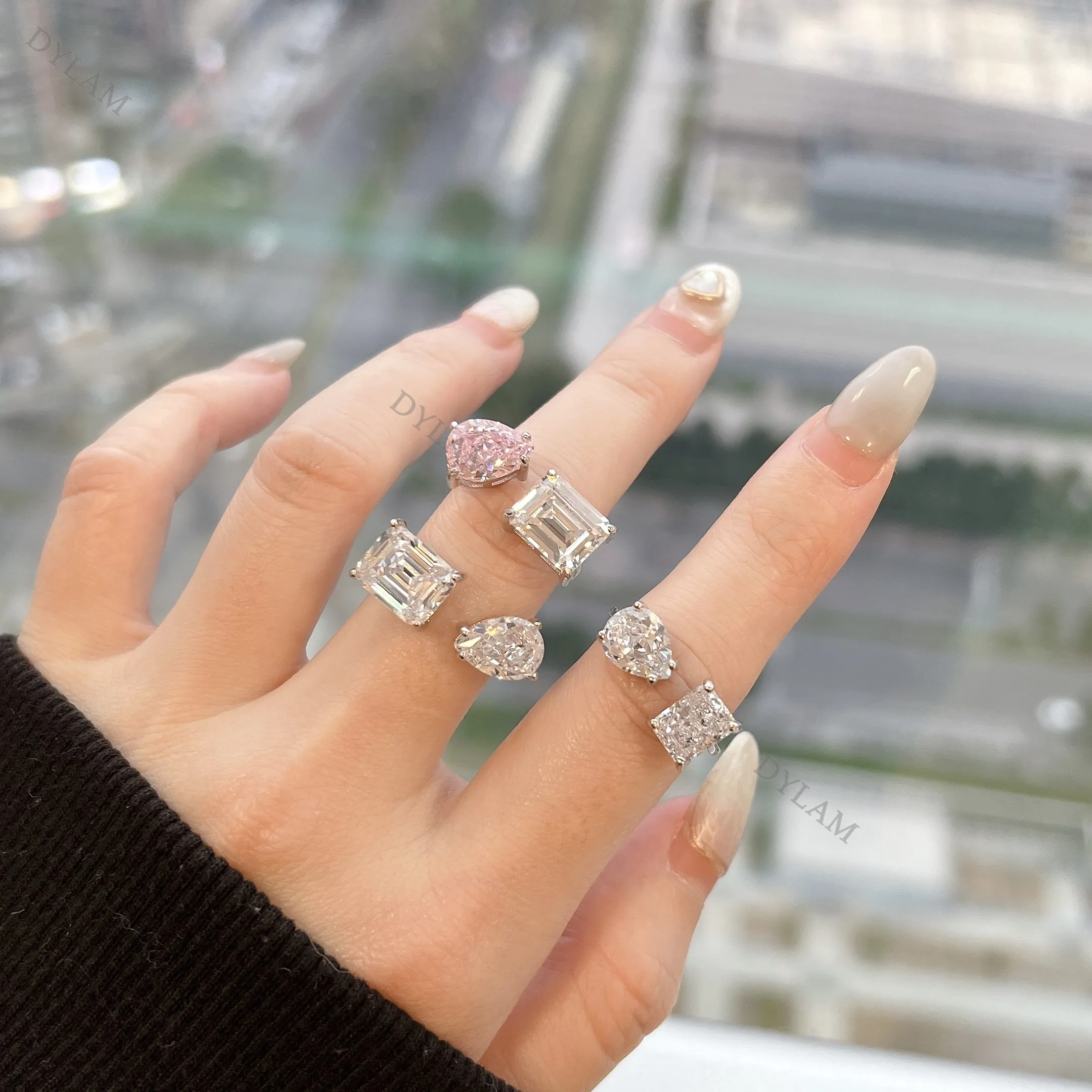 

Dylam S925 8A cz kylie jenner style heart pear pink oval emerald cut square iced out adjustable engagement wedding silver rings