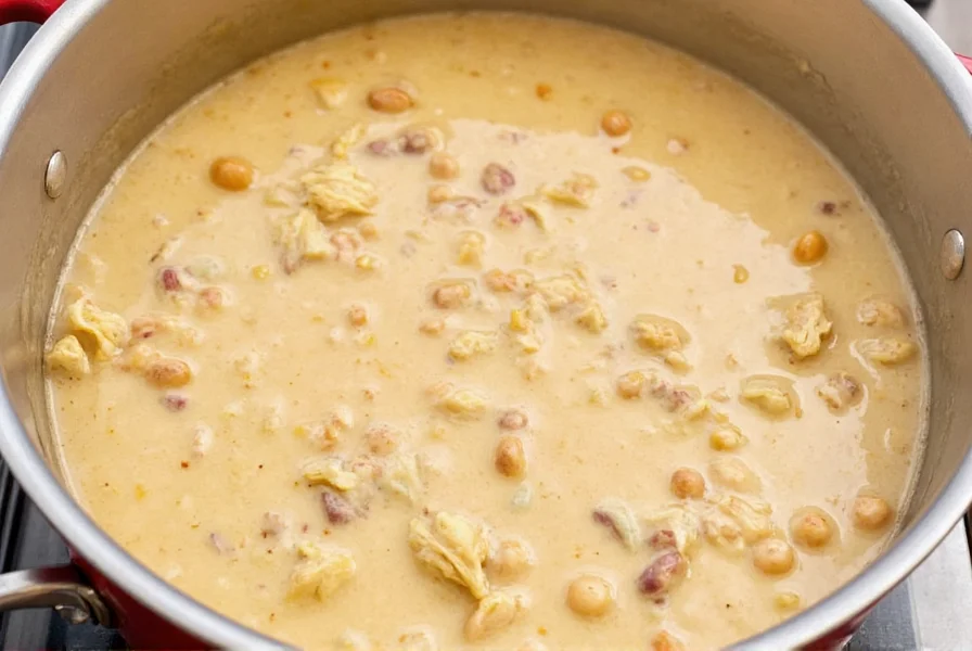 White chicken chili in a pot showing perfect thick consistency with visible chunks of chicken and beans