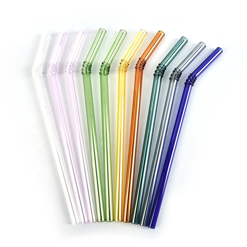 

High Quality Reusable Crystal Bent Clear Glass Straw set Drinking Straws For Birthday Party Bar Gift, 10 colors