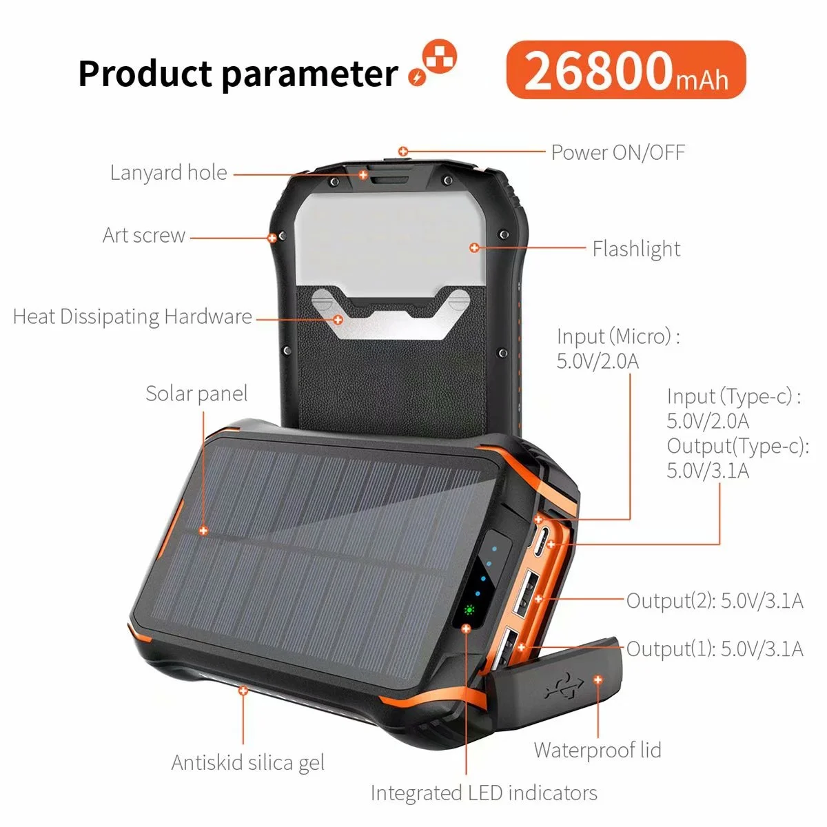 Amazon New Selling 30000mah Camping Mi Solar Power Bank 3 Usb Multi