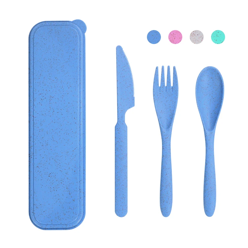 

Eco friendly Biodegradable tableware spoon fork knife set wheat straw cutlery set for travel, Beige/blue/pink/green