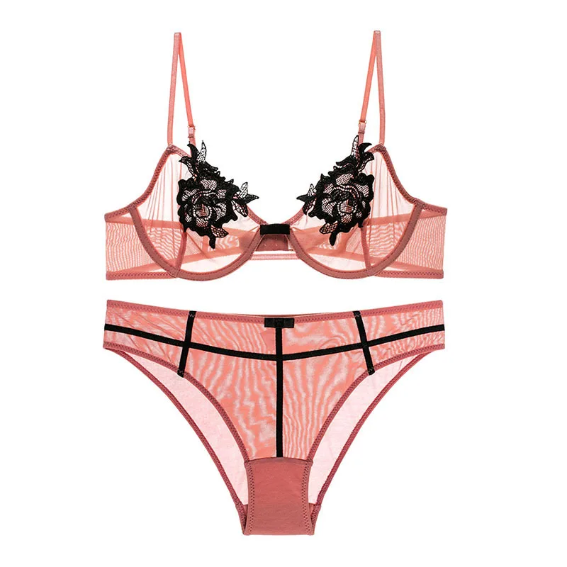 

Hot sale sexy lace mesh women sexy bra and panties underwire embroidery customized logo two piece set